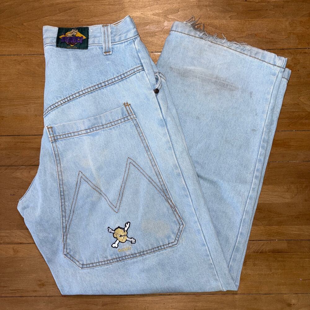 VTG 90s Menace Baggy Jeans SZ 30 Light Wash Skull Crossbones Embroidered